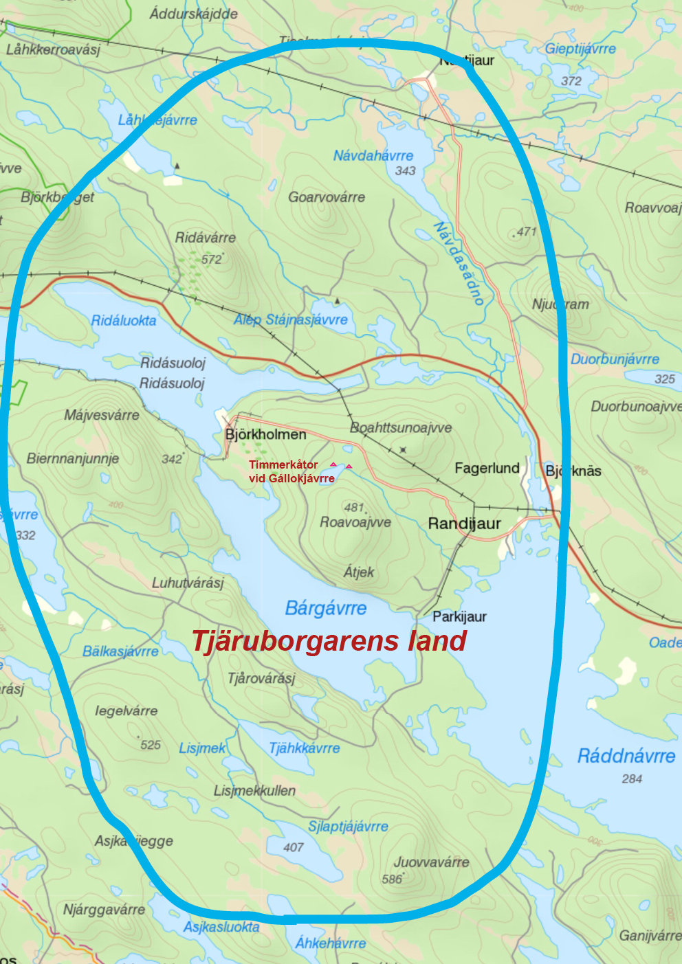 Livet på ett samiskt skatteland 1724. Bilden visar ungefärlig utbredning av lappskattelandet Tjäruborgarens land, cirka 35 kilometer väster om Jokkmokk.